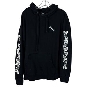 Obey Black Rose Tattoo Printed Sleeve Victorian Script Logo Hoodie Large L Skate